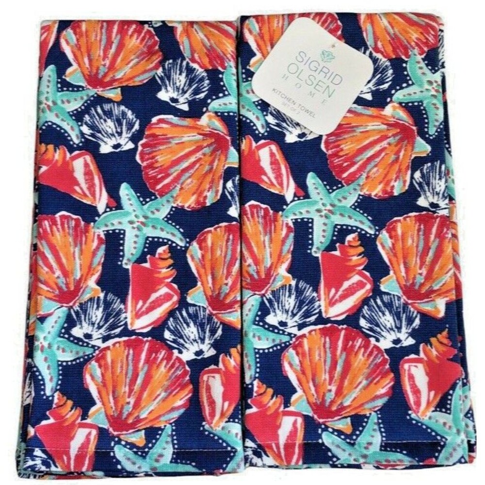 Sigrid Olsen Kitchen Dish Towels Set of 2 Starfish Shells Summer Beach House